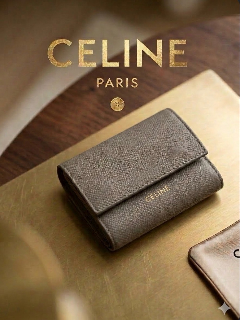 CELINE Small Trifold Wallet Grained Calfskin Pebble Gray/Taupe/Stone EUC